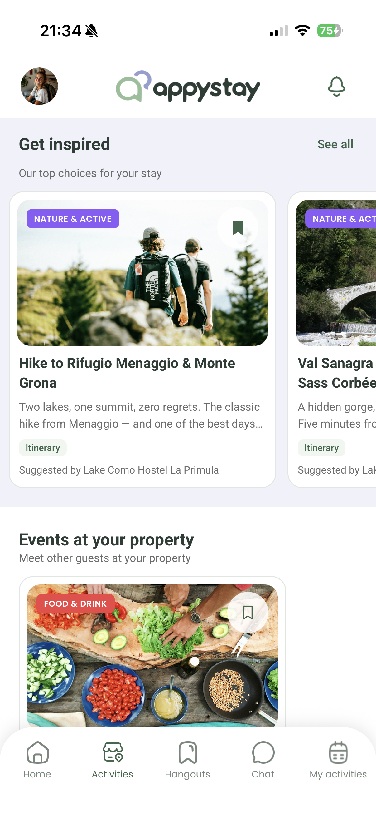 Current AppyStay Activities screen showing recommended hikes and events at the property