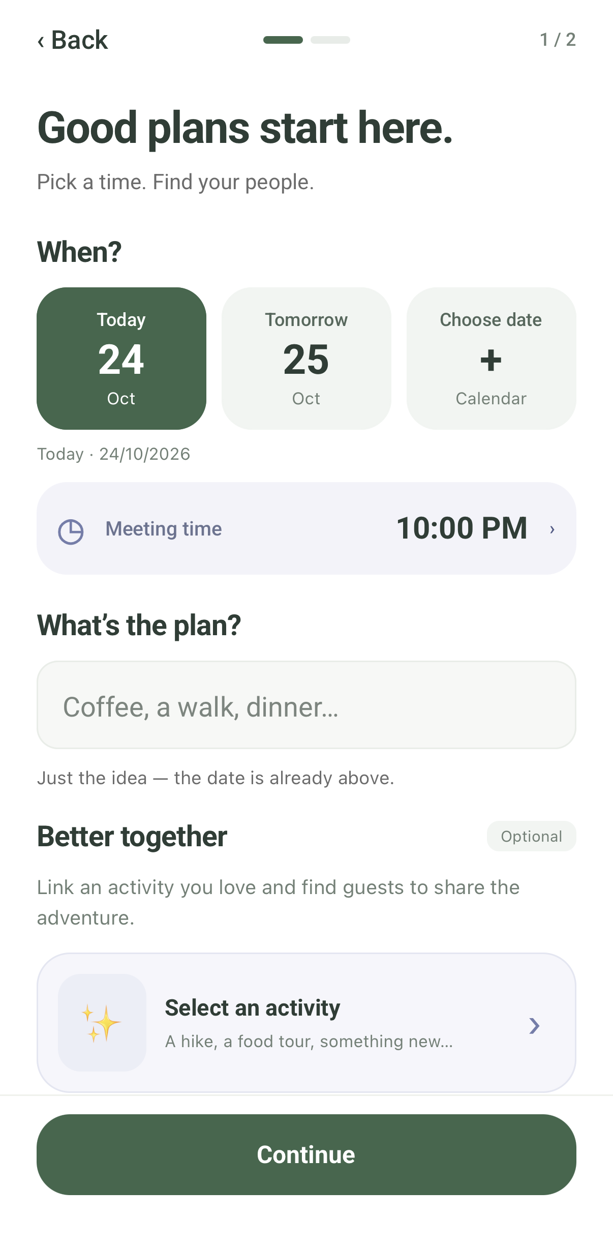 Current AppyStay Hangout creation screen with date, meeting time, plan and optional linked activity